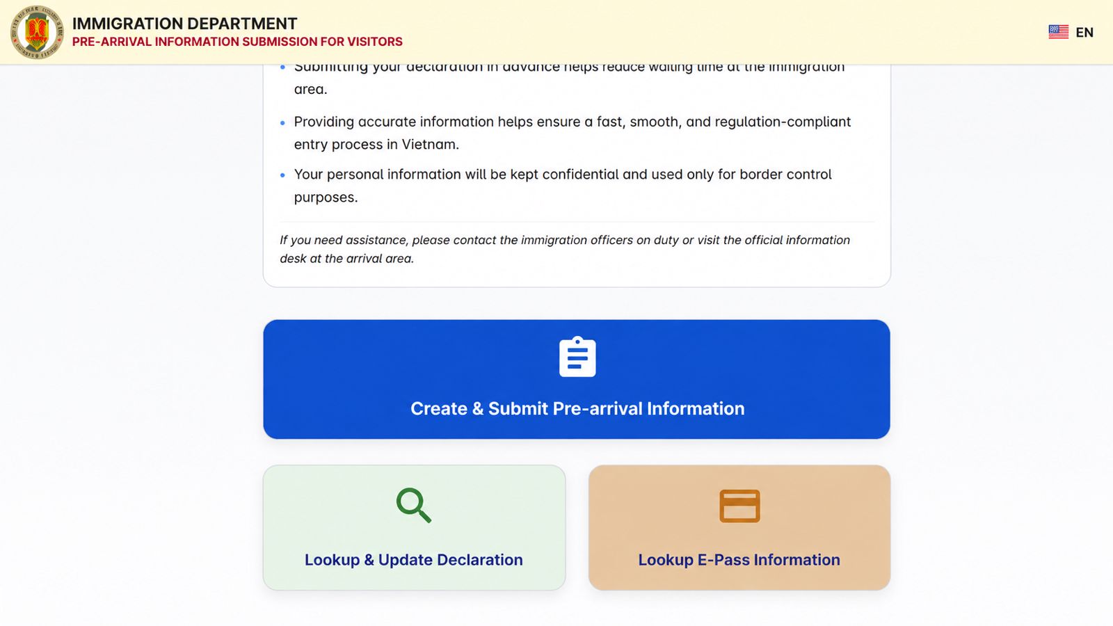 Главная страница портала Pre-Arrival Information Вьетнама с кнопкой Create & Submit Pre-arrival Information