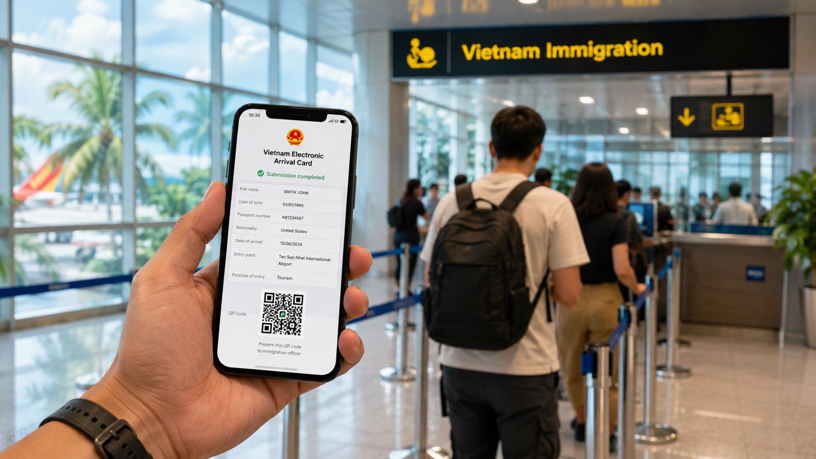 Электронная карта прибытия с QR-кодом на смартфоне перед паспортным контролем во Вьетнаме